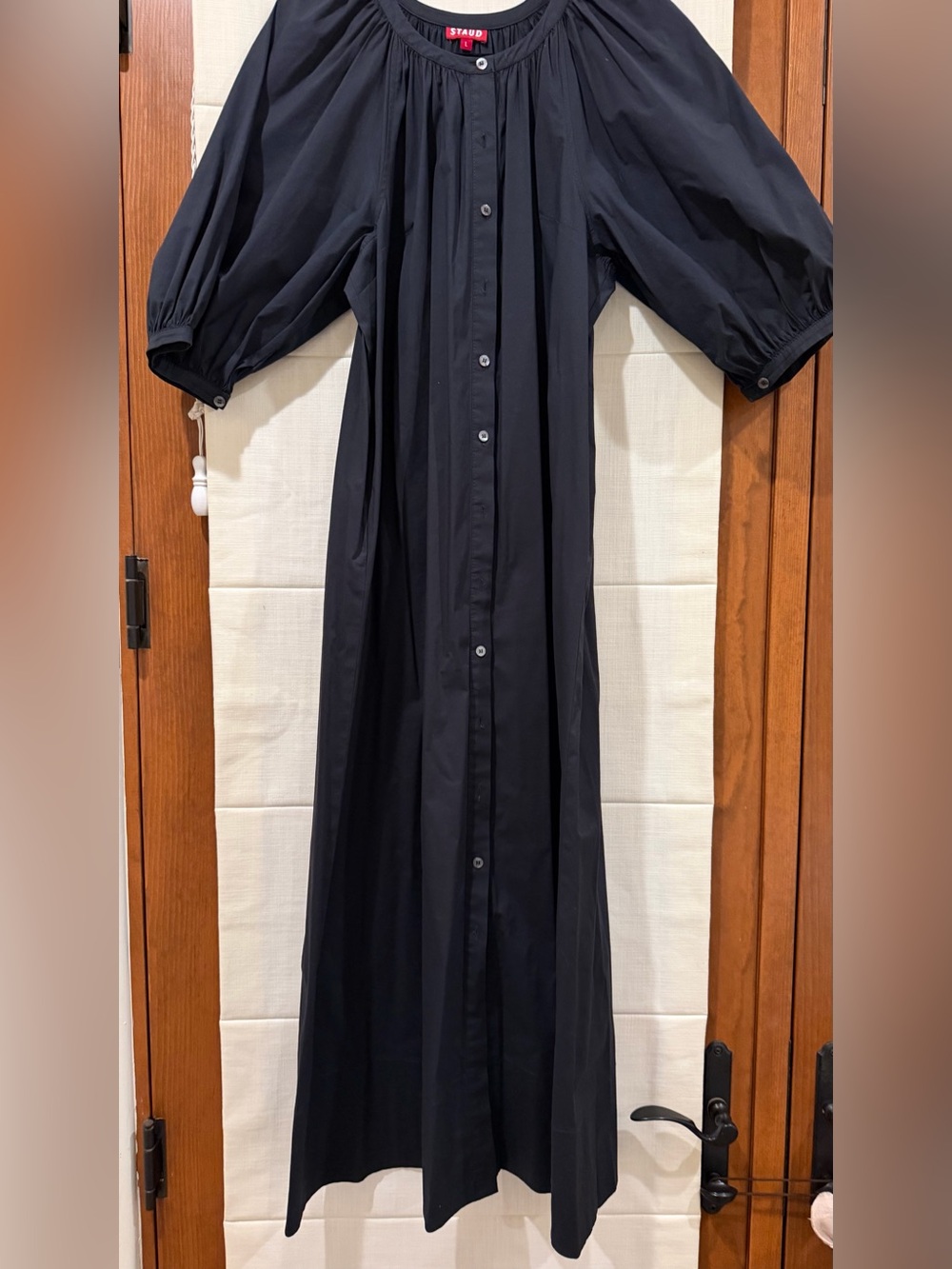 STAUD Black Puff-Sleeve Maxi Dress with Gathered Neckline